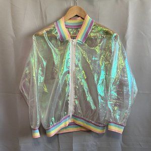Women Girls Holographic Rainbow Jacket Iridescent See Through Mesh Jacket
